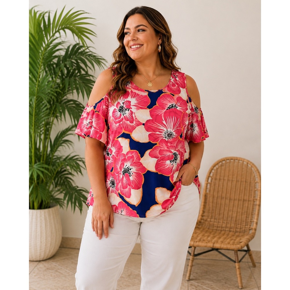 Floral Cold Shoulder Top Pink Blue Tropical Resort Plus Size Boho Summer Plus 3X